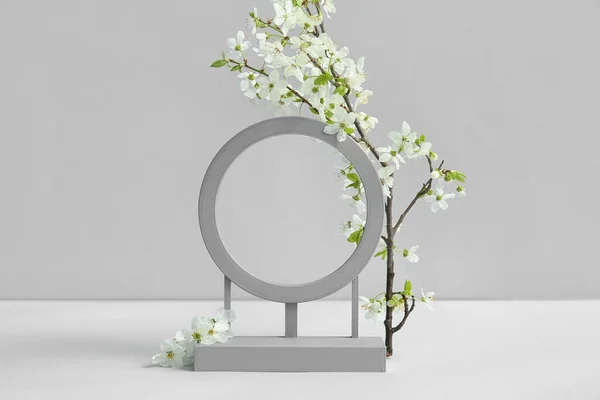 Decorative Podium Blooming Branch Grey Background — Stock Photo, Image