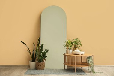 Çaydanlıklı masa, ev bitkileri ve odada bej duvarın yanındaki ayna.