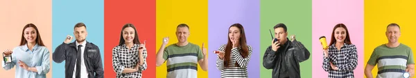 Collage Verschiedener Menschen Mit Taschenlampen Auf Farbigem Hintergrund — Stockfoto