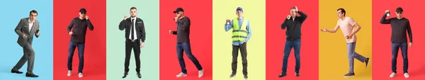 Collage Diferentes Hombres Con Linternas Sobre Fondo Color —  Fotos de Stock