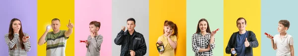 Gruppe Von Verschiedenen Menschen Mit Taschenlampen Auf Farbigem Hintergrund — Stockfoto