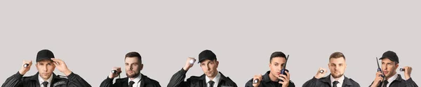 Collage Guardias Seguridad Masculinos Con Linternas Sobre Fondo Gris — Foto de Stock