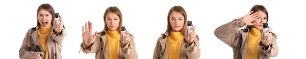 白を背景に自己防衛のための唐辛子スプレーと若い女性のコラージュ — ストック写真