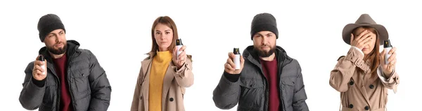 Collage Mujer Joven Hombre Con Spray Pimienta Para Autodefensa Sobre —  Fotos de Stock