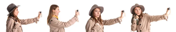 Collage Young Woman Pepper Spray Self Defence White Background — Stock Photo, Image