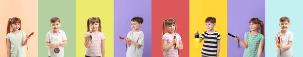 Kolaż Różnych Dzieci Latarkami Tle Koloru — Zdjęcie stockowe