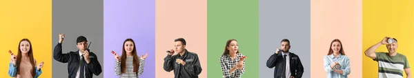 Set Van Verschillende Mensen Met Zaklampen Kleur Achtergrond — Stockfoto
