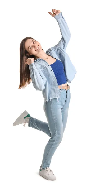 Mujer Joven Con Camisa Señalando Algo Sobre Fondo Blanco — Foto de Stock