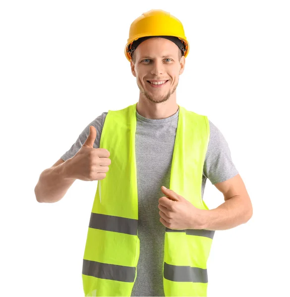 Mannelijke Werknemer Vest Hardhoed Met Duim Witte Achtergrond — Stockfoto