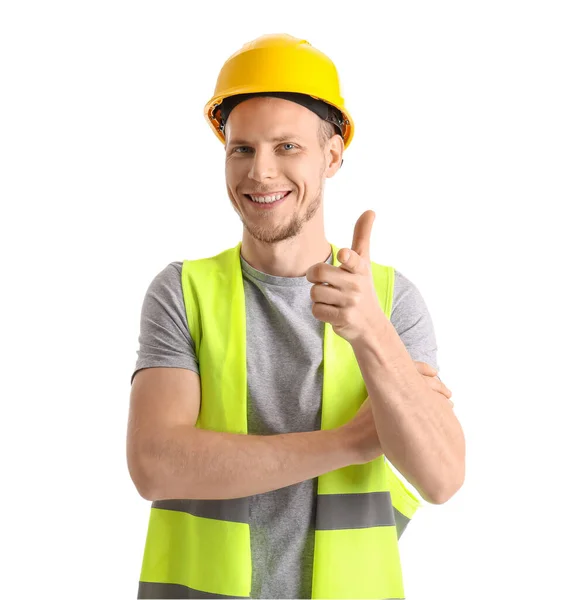 Male Worker Vest Hardhat White Background — Stok fotoğraf