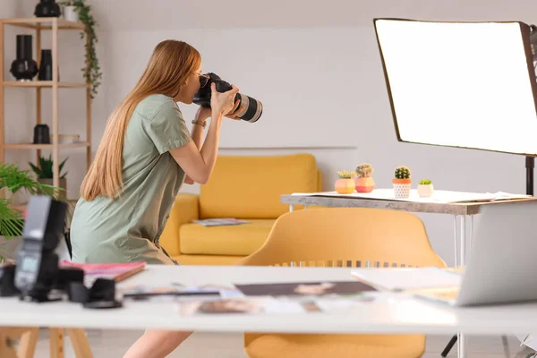 Young Female Photographer Professional Camera Taking Picture Succulents Studio — Stock Photo, Image