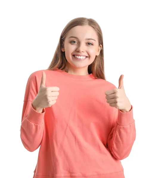 Jonge Vrouw Rood Sweatshirt Tonen Duimen Witte Achtergrond — Stockfoto