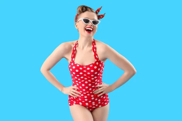 Young Pin Woman Polka Dot Swimsuit Blue Background — Stock Photo, Image