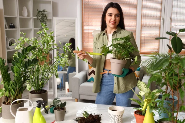 Junge Frau Mit Schaufel Und Grünen Zimmerpflanzen Hause — Stockfoto