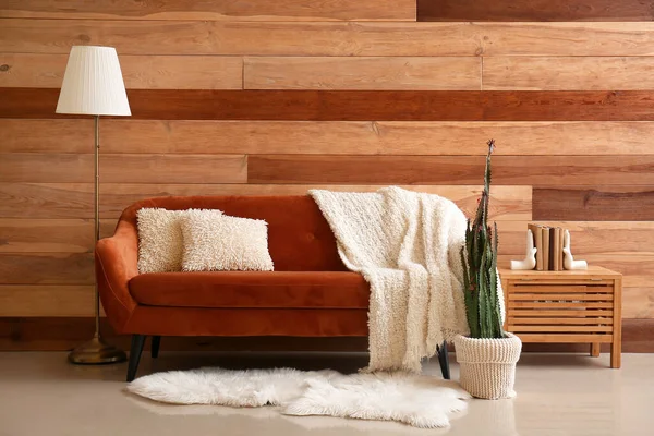 Interior Living Room Cozy Sofa Plaid Cactus Pot Wooden Wall — Stock Photo, Image