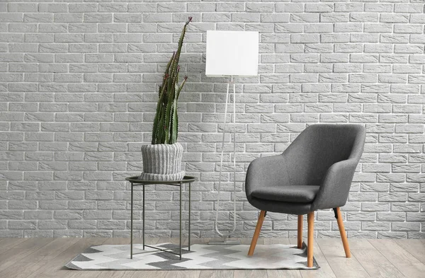 Pot Big Cactus Stylish Armchair Grey Brick Wall — Stock Photo, Image