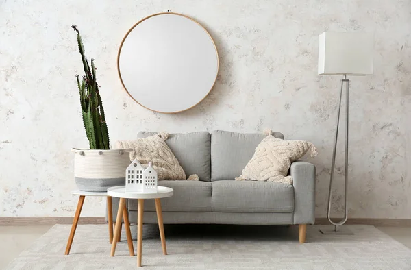 Interior Living Room Cozy Sofa Big Cactus Pot Mirror White — Stock Photo, Image