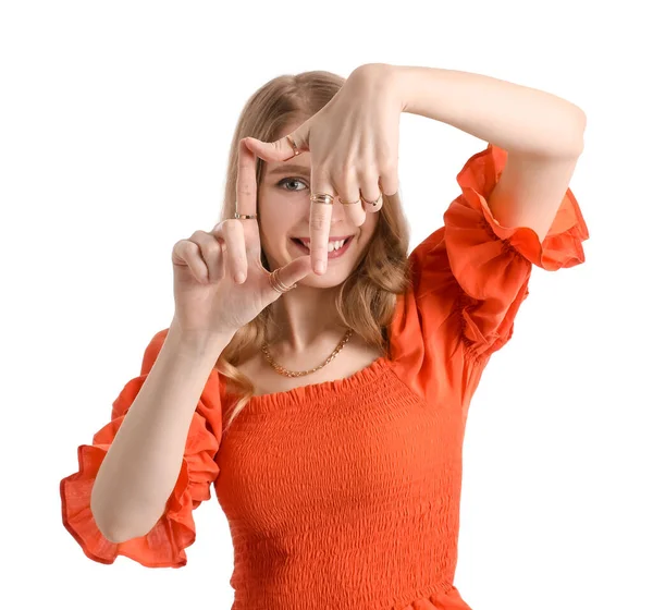 stock image Young woman making frame with her fingers on white background