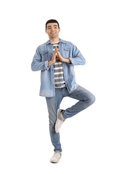 Junger Mann Meditiert Auf Weißem Hintergrund Gleichgewichtskonzept — Stockfoto