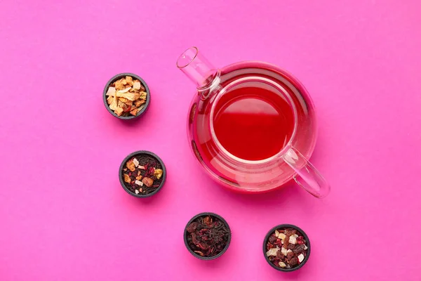 Composition Glass Tea Different Dried Fruit Mixes Pink Background — Stock Photo, Image
