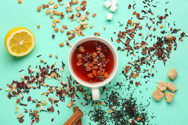 Composition Cup Heaps Dried Fruit Tea Turquoise Background — Stock Photo, Image