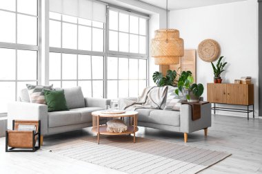 Oturma odasının içinde kanepeler ve Monstera bitkileri var.