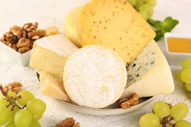 Açık arkaplanda farklı peynir türleri olan tabak