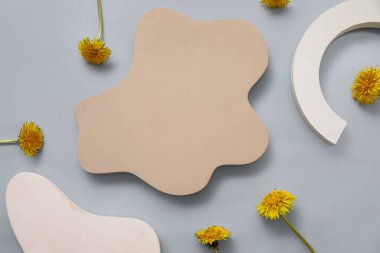 Mavi arka planda karahindiba çiçekli dekoratif podyumlar