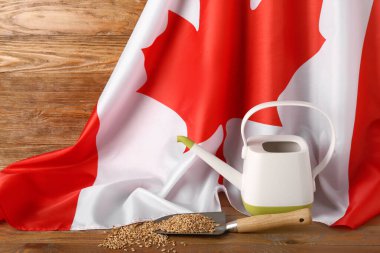 Kanada bayrağı, sulama tenekesi ve tahta masanın üzerinde tohumlarla kürek.