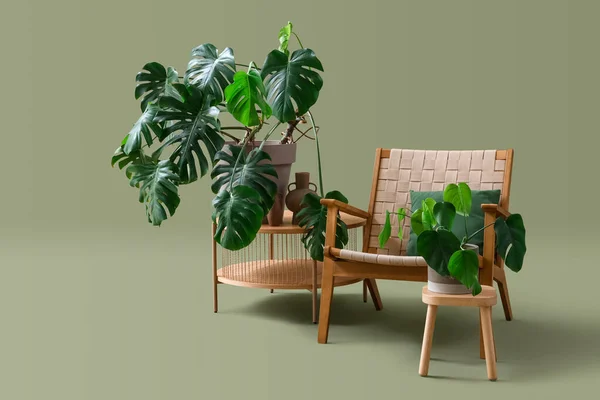Stoły Roślinami Fotelem Zielonym Tle — Zdjęcie stockowe