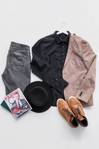 Stylish Male Clothes Hat Shoes Magazine White Background — Stock Photo, Image