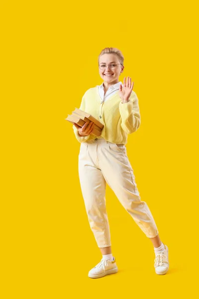 Female Student Books Yellow Background — Stock Photo, Image