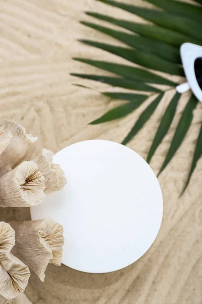 Decorative Plaster Podium Coral Palm Leaves Sand — Stock Photo, Image
