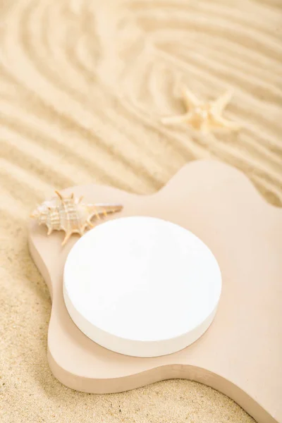 Decorative Plaster Podiums Starfish Seashell Sand — Stock Photo, Image