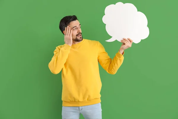 Handsome Man Blank Speech Bubble Green Background — Stock Photo, Image