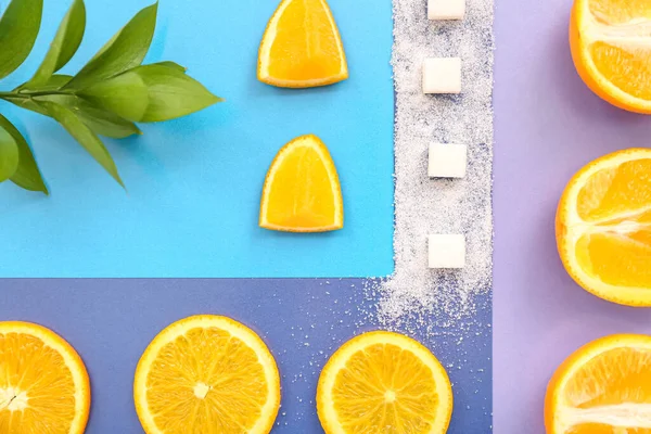 Composition Oranges Mint Sugar Colorful Background — Stock Photo, Image