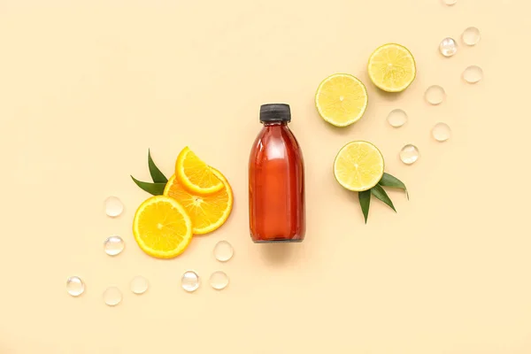 Bottle Cosmetic Product Fruits Slices Glass Stones Beige Background — Stock Photo, Image