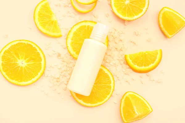 Cosmetic Bottle Orange Slices Sea Salt Beige Background — Stock Photo, Image