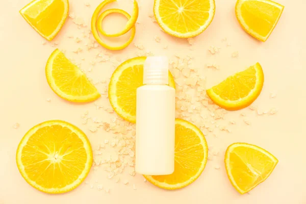 Cosmetic Bottle Orange Slices Sea Salt Beige Background — Stock Photo, Image