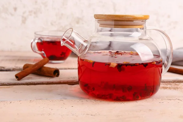 Transparent Teapot Cup Fruit Tea White Wooden Table — Stock Photo, Image