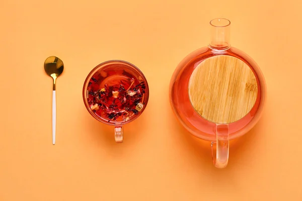 Transparent Teapot Cup Fruit Tea Orange Background — Stock Photo, Image