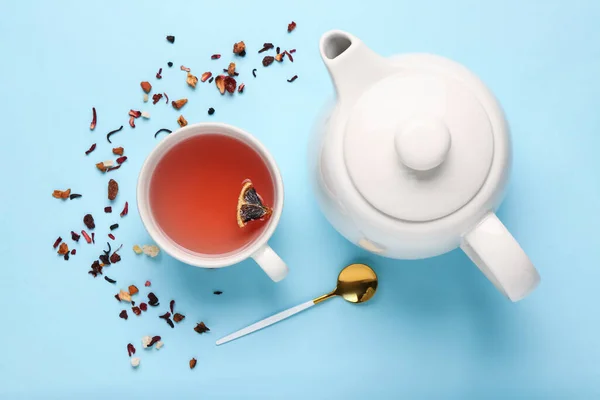 Ceramic Teapot Cup Tea Blue Background — Stock Photo, Image