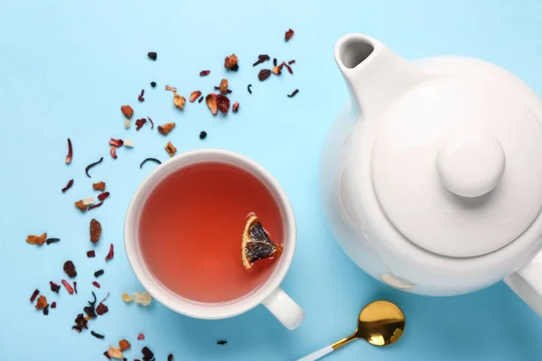 Ceramic Teapot Cup Tea Blue Background — Stock Photo, Image