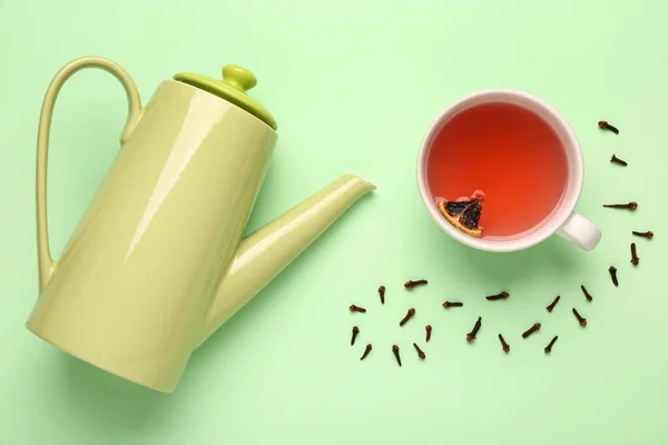 Ceramic Teapot Cup Fruit Tea Green Background — Stock Photo, Image