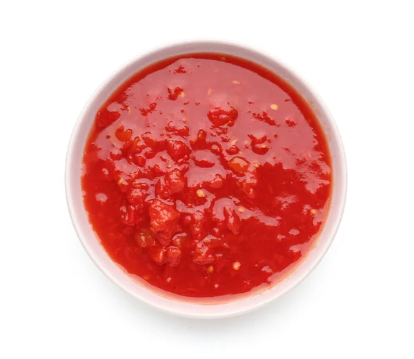 Cuenco Con Sabrosa Salsa Tomate Sobre Fondo Blanco — Foto de Stock