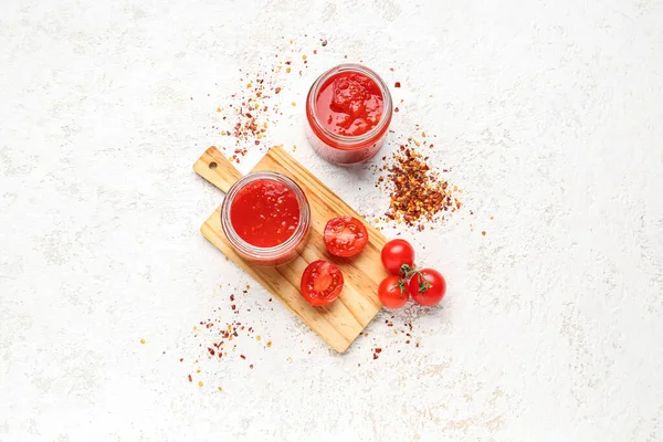 Jars Tasty Tomato Sauce Light Background — Stock Photo, Image