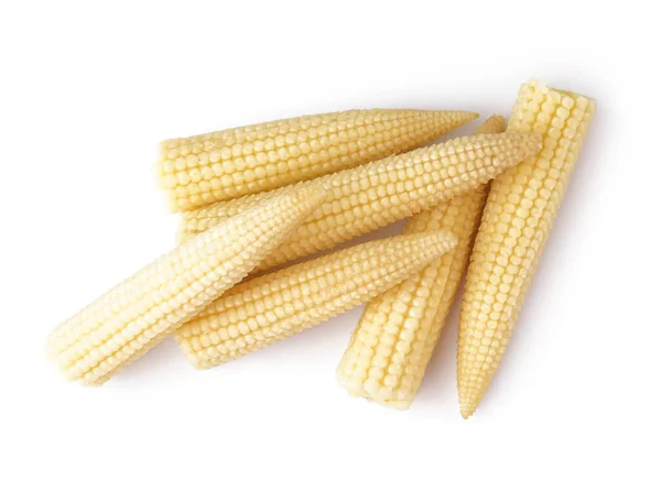 Heap Van Smakelijke Ingeblikte Maïskolven Witte Achtergrond — Stockfoto