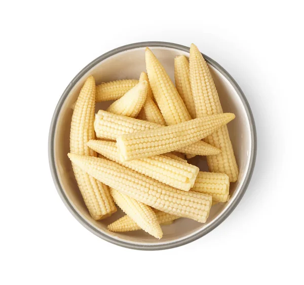 Bowl Tasty Canned Corn Cobs White Background — Stock Photo, Image