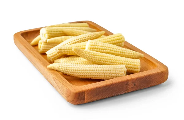 Wooden Board Tasty Canned Corn Cobs White Background — Stock Photo, Image