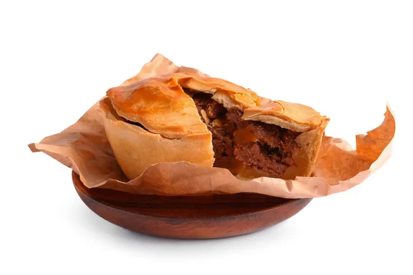 Plate Tasty Meat Pot Pie White Background — Stock Photo, Image